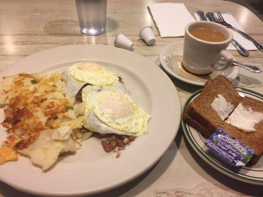 Corned beef hash, 2 eggs over easy, home fries, wheat toast. Corned beef hash was mushy and not flavorful