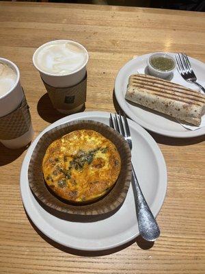 Starting from left is the cappuccino 16oz then a caramel macchiato with the seasonal quiche and the chorizo burrito