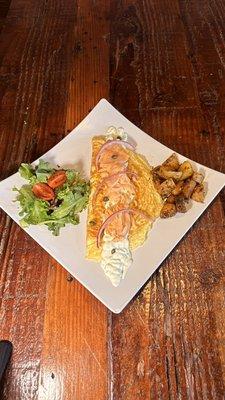 Salmon Omelette with Dill sauce!! Home potatoes!! Wow!!