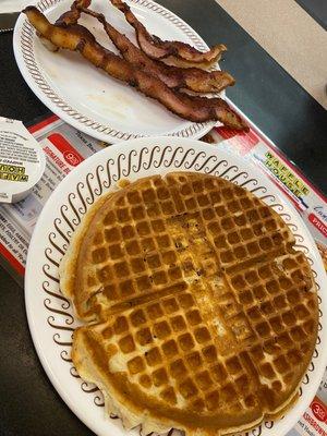 Pecan waffle and an order of bacon