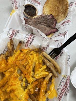 Sliced Brisket Sandwich and Cheese Fries