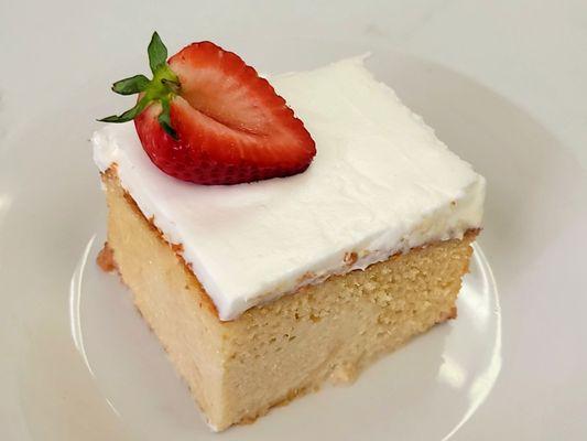 Tres Leches Cake  Soaked in three luscious milk and covered with a satiny white cream topping