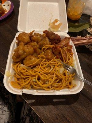 Orange chicken and teriyaki chicken.