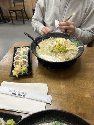 Beef Ramen and salmon and avocado roll