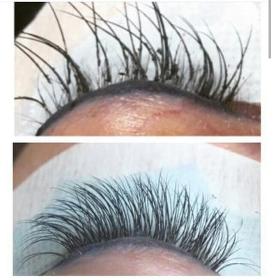 The top is not my work the bottom is lash a covering for the same person she now has helped your lashes thanks to proper lashing by Kim