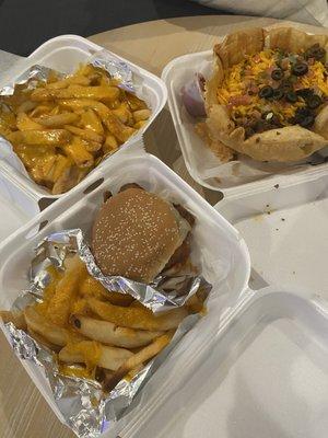 Buffalo Chicken Sandwich, Taco Salad, and Cheese Fries