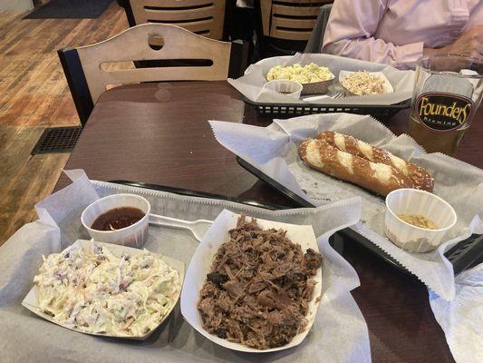 Brisket, pulled chicken and pretzel sticks