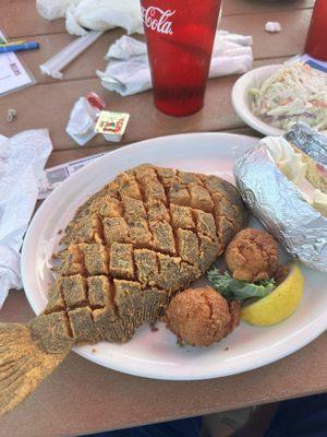 Fried flounder, loaded baked potato & cole slaw