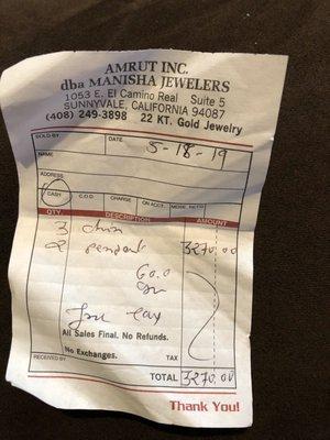 Manisha jeweler receipt