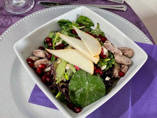 Candied Pecan, Pear & Pomegranate Salad w/ Feta Cheese & Raspberry Vinaigrette