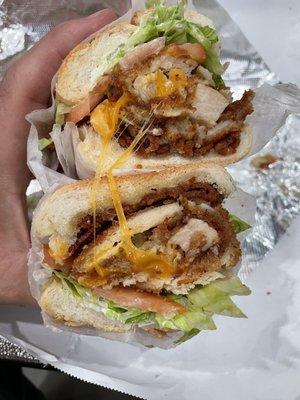 Chicken cutlet, bacon, cheddar ,lettuce , tomato , Mayo on a hero