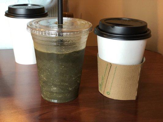 Super fruit smoothie with added greens, plus a dark roast. Both were tasty.