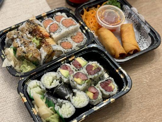 Shrimp Tempura Roll, Spicy Tuna Roll, Cucumber Roll, Tuna Avocado Roll, spring rolls