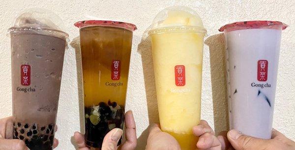 From left to right: chocolate caramel slush, lemon ai-yu, passion fruit yogurt, taro milk