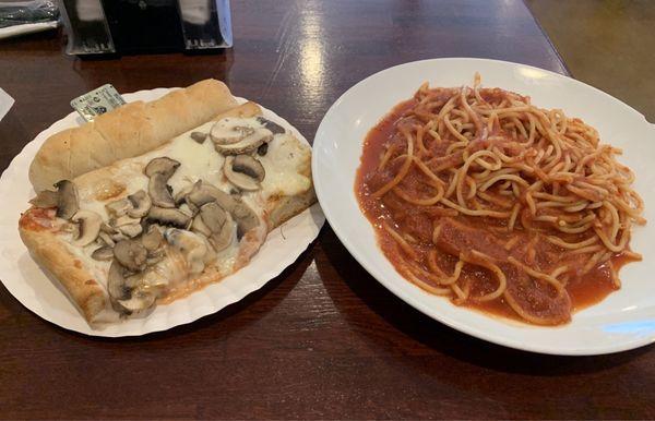 Sicilian slice with mushrooms. Spaghetti in marinara with bread and butter.