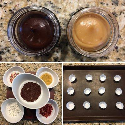 Dark chocolate and passion fruit bases, five toppings, and a bunch of little paper cups is all you need to make your own brigadeiros!