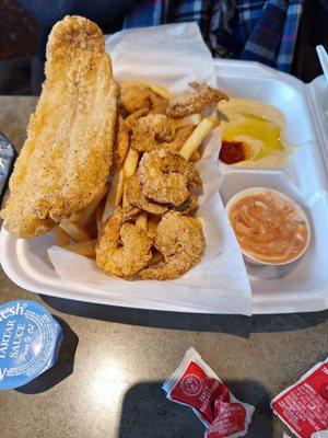 Great meal!!! Fried fish and shrimp. FF and hummus.