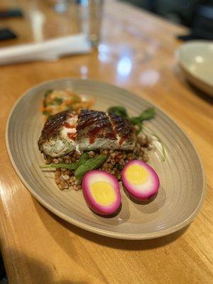 Halibut (Umami bomb seasoning, warm wheat berry salad, Napa and carrot kraut, pickled egg, gochujang glaze)