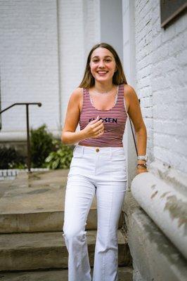 This Striped Tank has the word "Chosen" embroidered onto it.