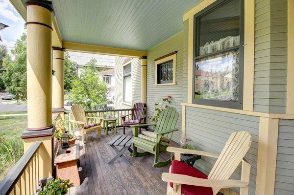 Front porch, west view. This is a NO SMOKING home, so all types of smoking, including vape, must use the porches or side patio, please.