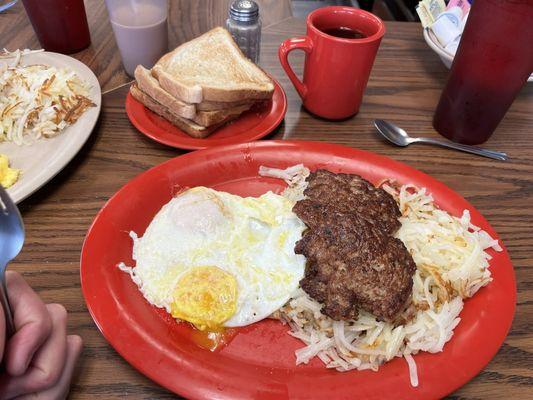 2 eggs, sausage (awesome flavor) and hash browns