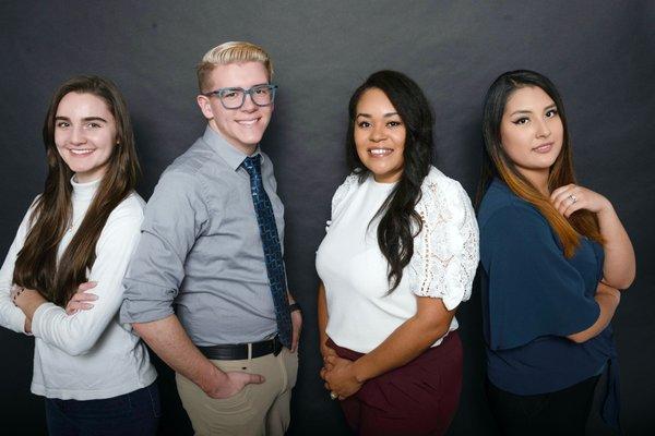 Office team left to right: Assistant Sabrina, Assistant Wyatt, Business Consultant Melissa Cunningham, Office Manager Karla Murguia