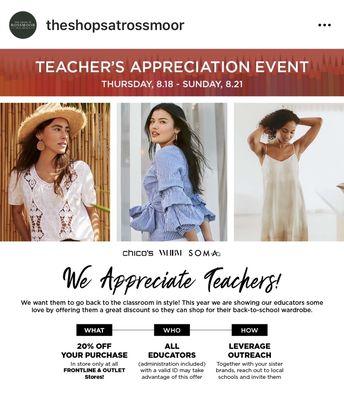 From their IG: 20% off w teacher / school admin ID. 8/18-8/21