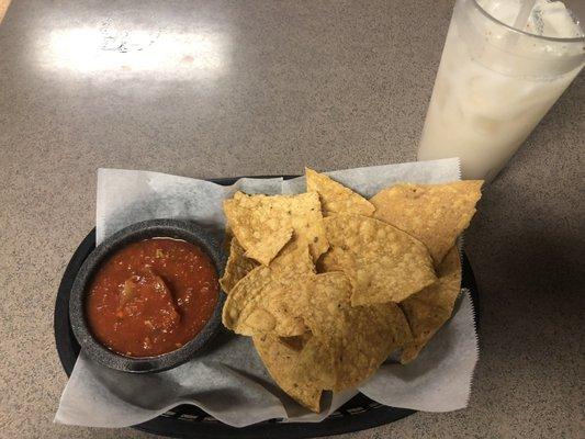 Chips and salsa with home made aqua frescas horchata