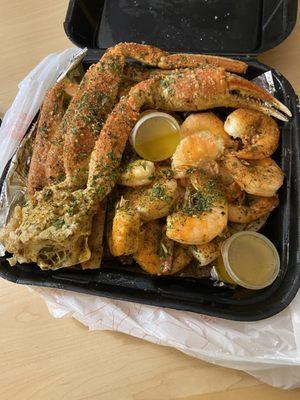 Crab legs and shrimp