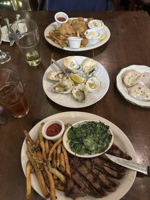 Steak frites, fried seafood platter