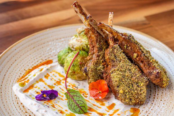 Pistachio Burra Chaap (d,n)
Smoked lamb chops, charred brussels sprout,
spiced pepita yogurt, olive snow, edible flower