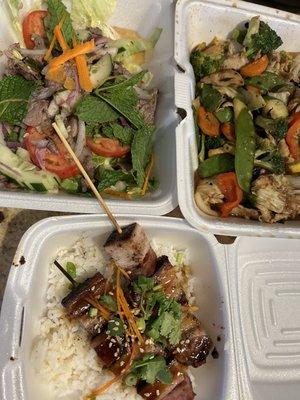 Beef Salad, Basil Chicken, Pork Belly Skewers