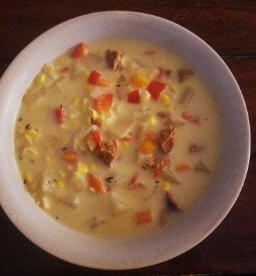 Homemade corn chowder with andouille.