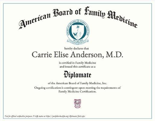 Board Certified in Family Medicine for 24 years, Dr. Anderson is also a fellow of the American Academy of Family Physicians.