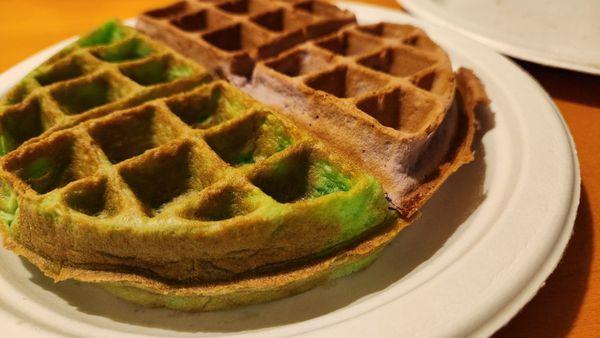 Half pandan and taro waffles