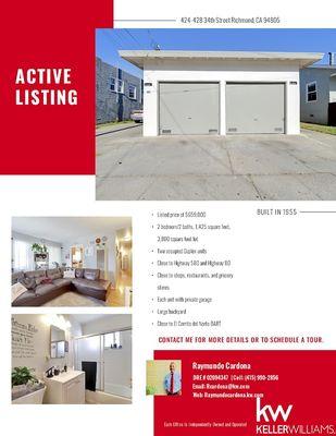 Active duplex listing in the East Bay!