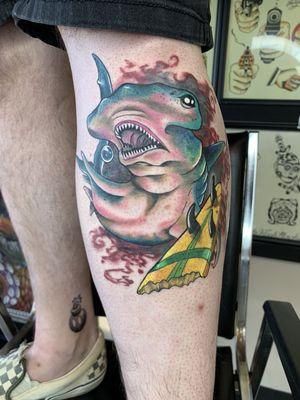 Large color tattoo of a hammerhead shark. Designed by Kevin