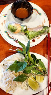 A shrimp spring roll with peanut sauce. The sprouts, leaves, and lemon for the pho (pictured separately).