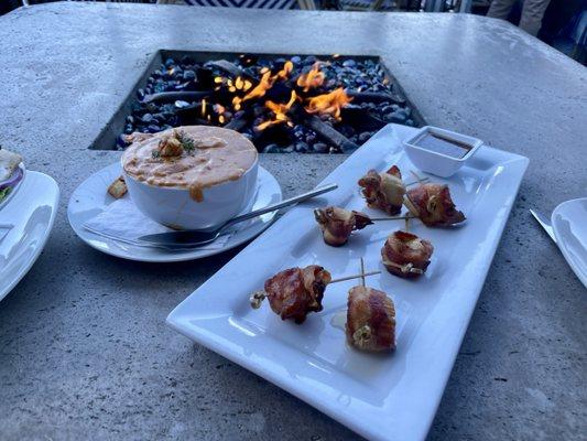 Lobster bisque bowl, bacon wrapped scallops