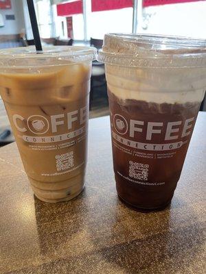 Decaf Iced Coffee and Cold Brew with cold foam sprinkled with cinnamon on top