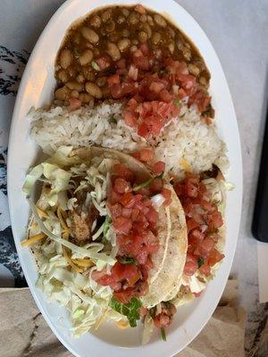 Fish tacos plate with beans and white rice