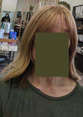 This is the Halo Couture topper after Lisa at diModa Salon cut and blended it with my sister's hair.