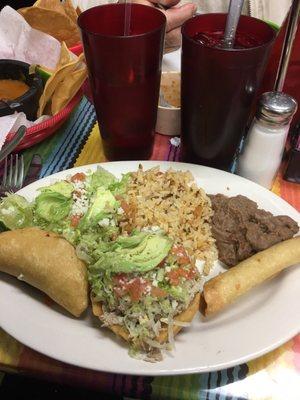 #30 Mexican cravings plate. Flauta, Mexican quesadilla & sope, rice & beans