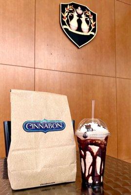 Mocha emporium - frozen blended mocha coffee and a Cinnabon original bun -  2nd level opposite carousel cafes