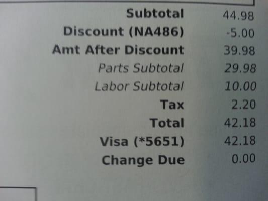 My receipt for oil change and radiator fluid fill.