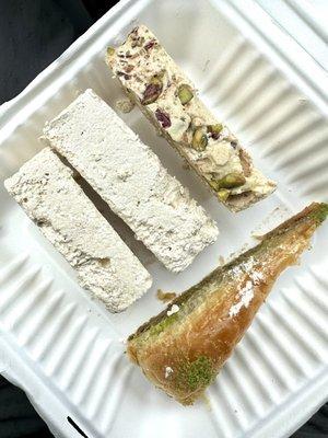 Vanilla Halva ($7.99/lb), Pistachio Halva ($8.99/lb), Triangle Baklava ($4)