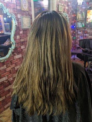 Before- super brassy and yellow, balayage went higher than I wanted