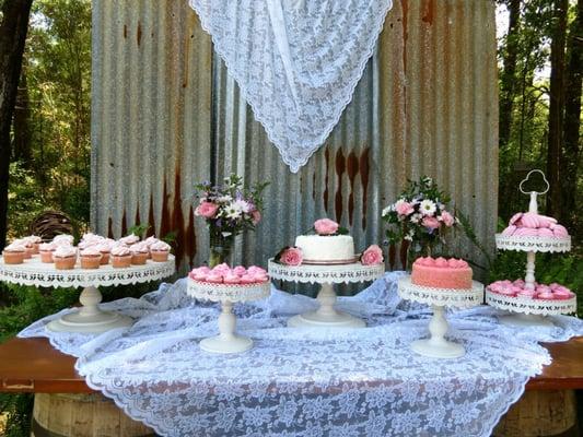 Rusty Tin Backdrop and Whiskey Barrels!  The perfect combination for a Rustic Chic Wedding Dessert Table!  Rentals by Its Personal Wedding!