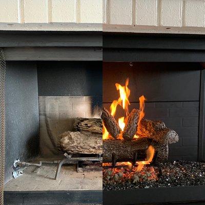 Installed Golden Oak logset with matchlit burner. Blackout paint is a great way to spruce up any firebox!