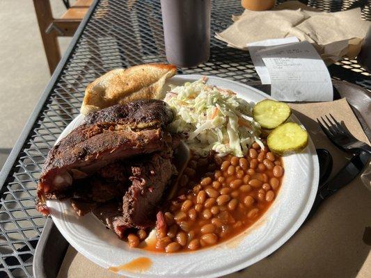 2 meat Plate, ribs brisket smoked beans coleslaw